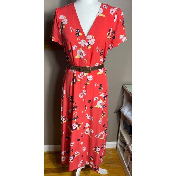 Gap Midi Dress A-line Coral Bold Tropical Floral Button Up Rayon Shift Womens M - Picture 8 of 10